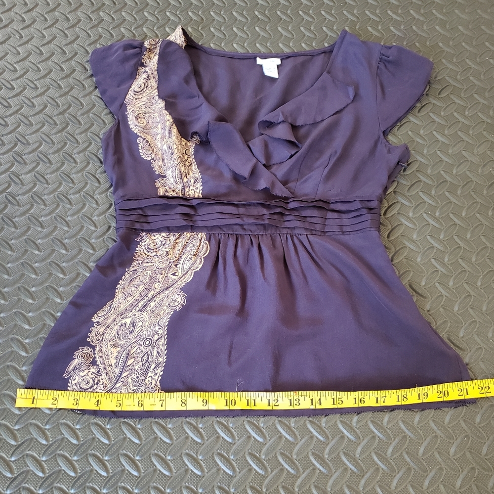 Odille Anthropologie 100% Silk Navy/Purple Ruffle V-neck Top Size 8 - Picture 9 of 9